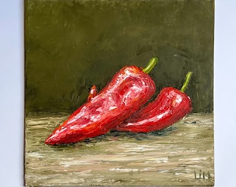 Red Peppers Painting Original Kitchen Art Vegetable Still Life Oil Painting on Canvas Food Wall Art Small Painting  6x6" by LimArt4U