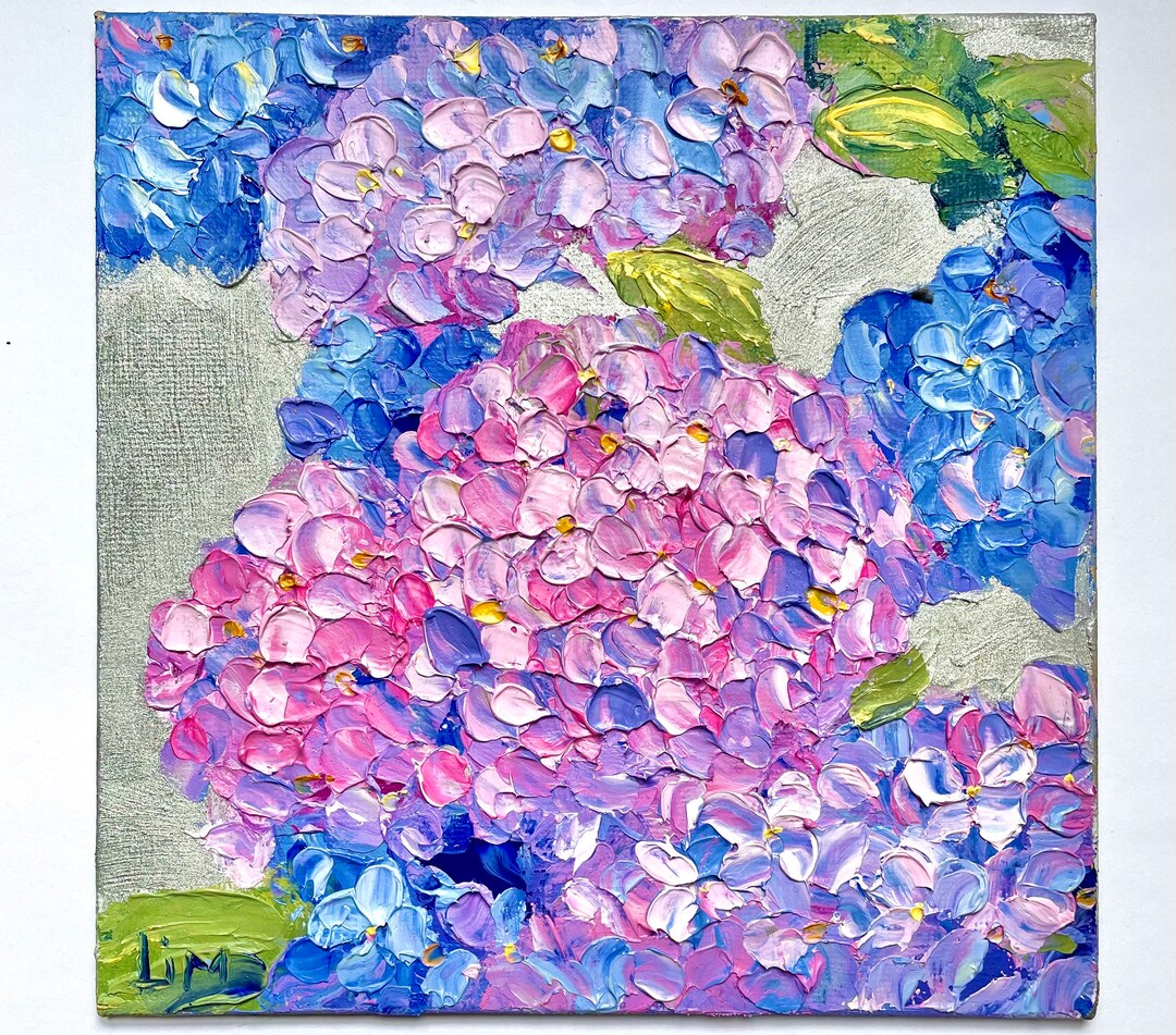Blue Hydrangea Painting on Canvas Floral Original Art 6x6 Small Oil ...