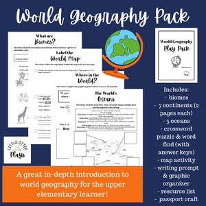 Puede incluir: Un paquete imprimible colorido para enseñar geografía mundial a los estudiantes de primaria superior. El paquete incluye actividades como etiquetar un mapa del mundo, aprender sobre biomas y completar un crucigrama. El texto "World Geography Play Pack" aparece en un fondo azul.