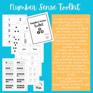 Può includere: Un kit di strumenti per il senso dei numeri con vari materiali didattici. Include carte con i numeri da 1 a 20, telai da dieci, modelli di equazioni matematiche, linee numeriche e carte zero. Il kit include anche carte per contare per salti di 5 e 10 fino a 100.