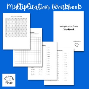 以下が含まれることがあります： 掛け算の表、空白のグリッド、掛け算の事実のワークシートを含む、白黒の印刷可能な掛け算ワークブック。ワークブックのタイトルは「Multiplication Facts Workbook」で、「Little Otter Plays」が提供しています。