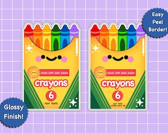 Kawaii,funny crayon box sticker. Glossy Laminated Sticker - Water-Resistant, Scratch-Proof, 3", Handmade Stickers.