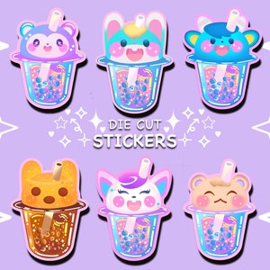 Kawaii Animal Boba Tea Sticker: Glossy, Water-Resistant Die Cut