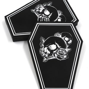 Coffin Shaped Drink Coasters Gothic Accessories 5 Pcs Set Goth Kitchen décor Coffee Black Home Decoration “Skulls N&#39; Roses ” Set by GOTHELIA