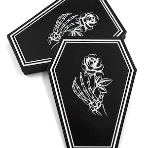 Coffin Shaped Drink Coasters Gothic Accessories 5 Pcs Set Goth Kitchen décor Coffee Black Home Decoration “Shiny Skeleton Hand” by GOTHELIA