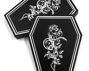 Coffin Shaped Drink Coasters Gothic Accessories 5 Pcs Set Goth Kitchen décor Coffee Black Home Decoration “Roses of Mercy” Set by GOTHELIA