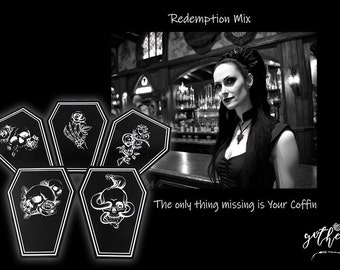 Coffin Shaped Drink Coasters Gothic Accessories 5 Pcs Set Goth Kitchen décor Coffee Bar Black Halloween Decoration GOTHELIA “Redemption-Mix”