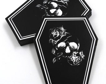 Coffin Shaped Drink Coasters Gothic Accessories 5 Pcs Set Goth Kitchen decor Coffee Black Home Decoration “Roses of The Skull” by GOTHELIA