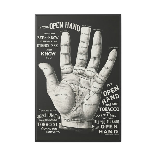 Vintage Open Hand Palm Reading Art - Mystic Fortune Telling Decor - Spiritual Wall Art - Framed Canvas Print - Unique Vintage Decor Piece