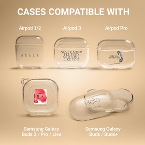 May include: Clear protective cases for various earbuds, including Airpods and Samsung Galaxy Buds. Each case features unique designs and text, such as "ADELE," "NEVER MIND I'LL FIND SOMEONE LIKE YOU," and "Hello...It's me."