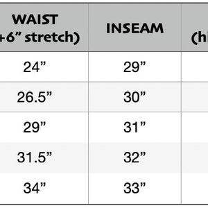 harem pant size guide,extra small waist 24 inches, small waist 26.5 inches, medium waist 29 inches, large waist 31.5 inches, extra large waist 34 inches. Add 6 inches to each measurement for stretch in fabric.