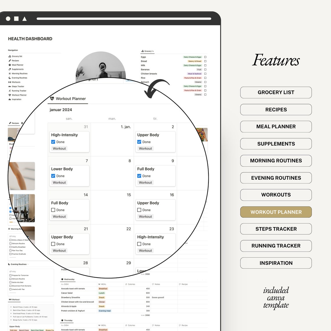 Notion Health Tracker Template, Wellness Notion Template, Health
