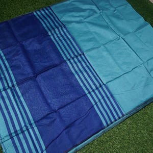 May include: A blue and teal textile with a striped border. The fabric is folded and laid out on a green surface. The textile has a solid teal section and a darker blue section with teal stripes.