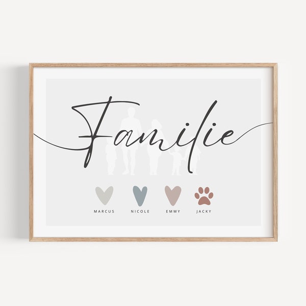 Herzfamilie Familienposter, mit Namen der Familie personalisiert, Familienbild Geschenk Geburt Hochzeit Umzug Geburtstag Taufe, Herz Pfote