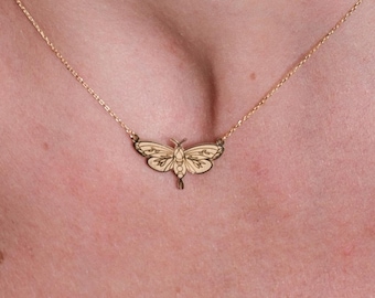 14K Solid Gold Luna Moth Pendant Necklace - Gothic Insect Jewelry
