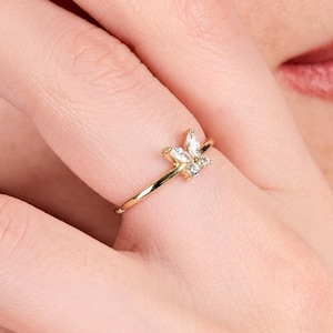14K Solid Gold Butterfly Ring, Diamond Marquise Cut Ring, Animal Ring, Butterfly Jewelry, Summer Jewelry