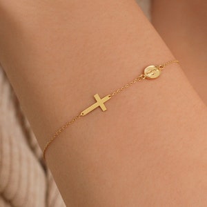 14K Solid Gold Rosary Cross Bracelet, Virgin Mary Bracelet, Minimalist Sideways Cross Bracelet, Cross Jewelry, Gift for Woman