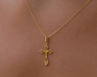 14K Solid Gold Cross Necklace, Dainty Cross Necklace, Tiny Cross Necklace, Orthodox Cross Necklace, Crucifix Necklace Women, Christmas Gifts