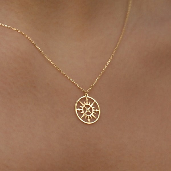 14K Solid Gold Compass Necklace, North Star Necklace, Dainty Necklace, Compass Pendant, Coordinate Necklace, Travel Necklace, Gift for Women