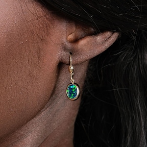 Dangle Opal Earrings, Gold Leverback Earrings, 14K Solid Gold Opal Earrings, Green Opal Earrings, Gift for Woman
