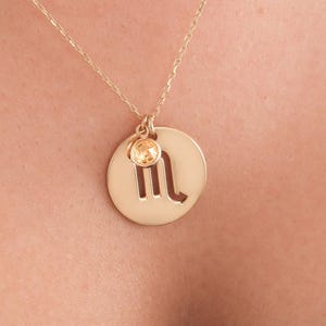 14K Gold Plated Zodiac Coin Necklace, Leo Zodiac Necklace with Birthstone, Scorpio Necklace, Capricorn Necklace, Birhtday Gift