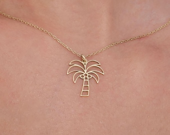 14K Solid Gold Palm Tree Necklace, Dainty Tropical Jewelry, Palm Tree Jewelry, Tropical Necklace, Birthday Gift Her