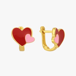 18K Gold Vermeil Little Girls Earrings, Colorful Heart Earrings, Summer Earrings, Children&#39;s Earrings, Dangle Heart Earrings, Gift for Girl