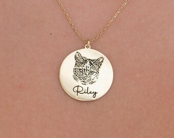 14K Solid Gold Pet Photo Necklace, Custom Dog or Cat Portrait Necklace, Picture Necklace, Pet Memorial Jewelry Gift, Pet Lover Gift