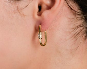 Carabiner Lock Earrings, 18K Gold Vermeil Carabiner Hoop Earrings, Gift for Woman, Birthday Gift