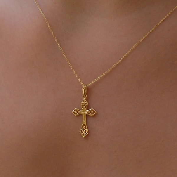 14K Solid Gold Cross Necklace, Dainty Cross Necklace, Tiny Cross Necklace, Orthodox Cross Necklace, Crucifix Necklace Women, Christmas Gifts