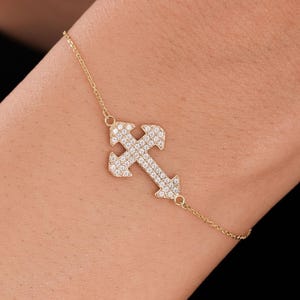 14K Solid Gold Cross Bracelet, Sideways Cross Bracelet, Cross Bracelet Women with Cubic Zirconia, Religious Adjustable Bracelet Gift