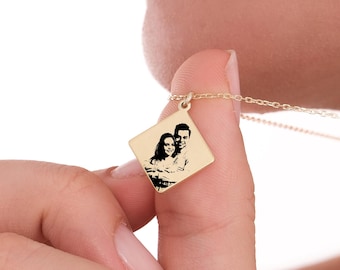 14K Solid Gold Custom Photo Engraved Necklace, Real Picture Necklace, Memorial Necklace, Custom Portrait, Keepsake Birthday Gift