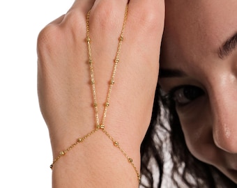 18K Gold Vermeil Hand Jewelry, Slave Bracelet, Beaded Hand Chain Jewelry, Beaded Chain Bracelet, Gift for Women