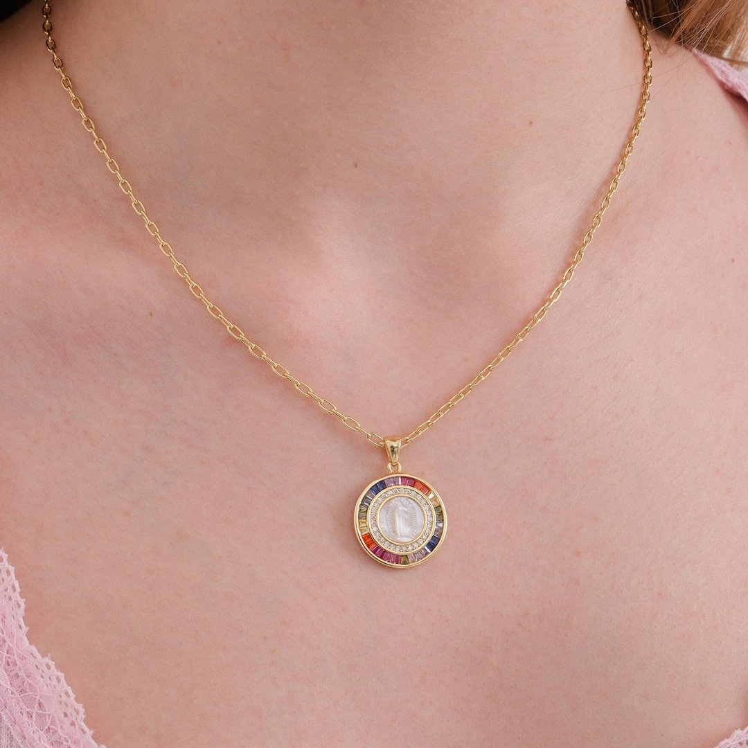 14K Gold Plated Our Lady of Guadalupe Necklace, Rainbow Virgin Mary ...