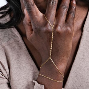 18K Gold Vermeil Slave Bracelet, Ring Bracelet, Beaded Hand Chain Bracelet, Finger Bracelet, Birthday Gift for Her
