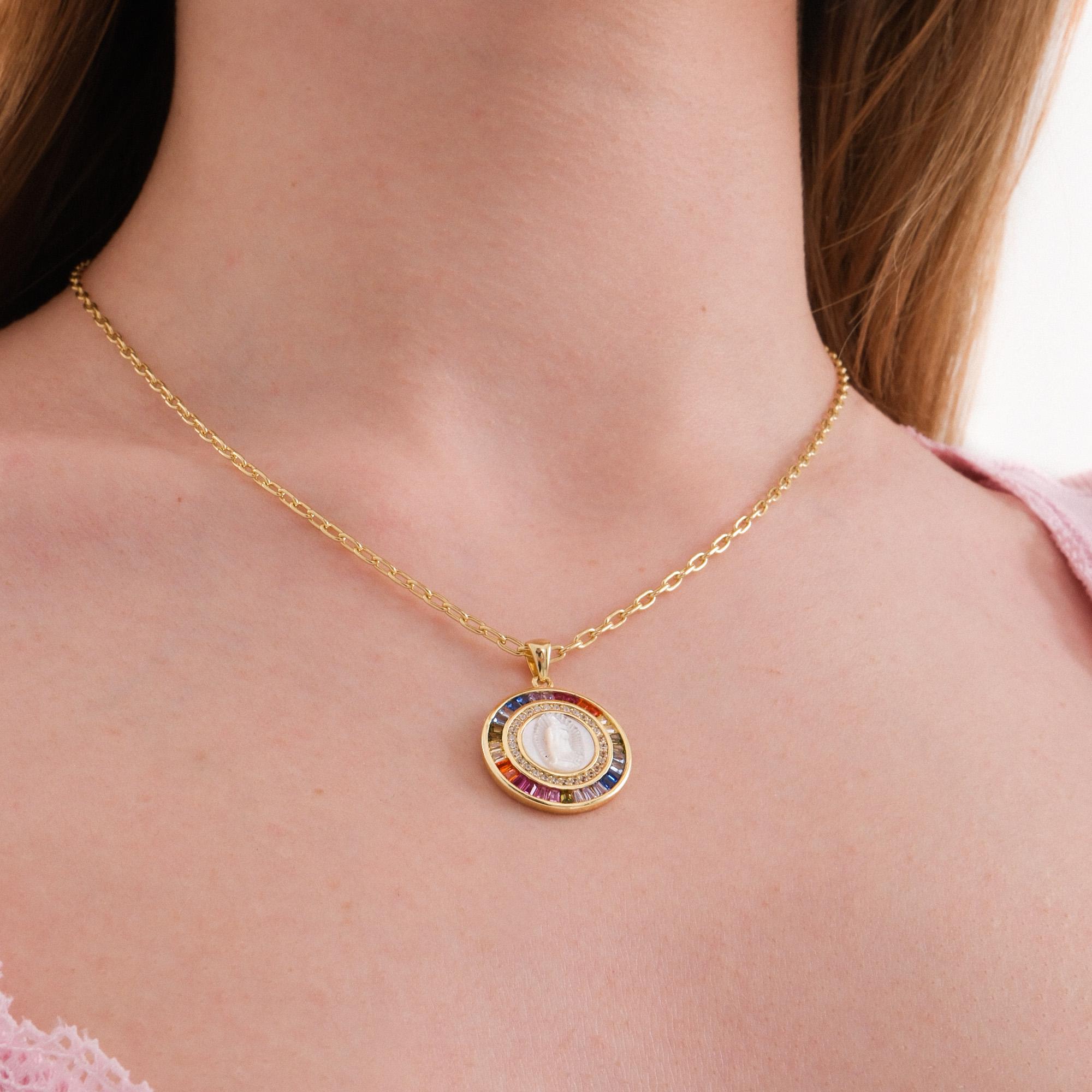 14K Gold Plated Our Lady of Guadalupe Necklace, Rainbow Virgin Mary ...