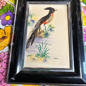 Vintage Framed Hand Painted Feather Bird Art