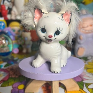 Vintage Kitschy White Kitty with Fur Ceramic Figurine