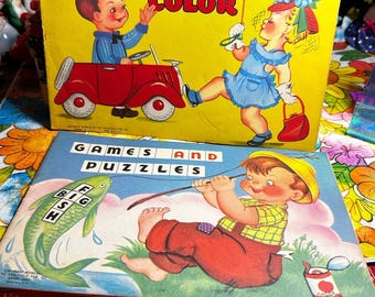 Vintage Mid Century Kinder Malbuch Lets color and Fischen