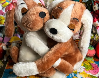 Vintage Dakin Brown and White Hugging Pups Plush Pair
