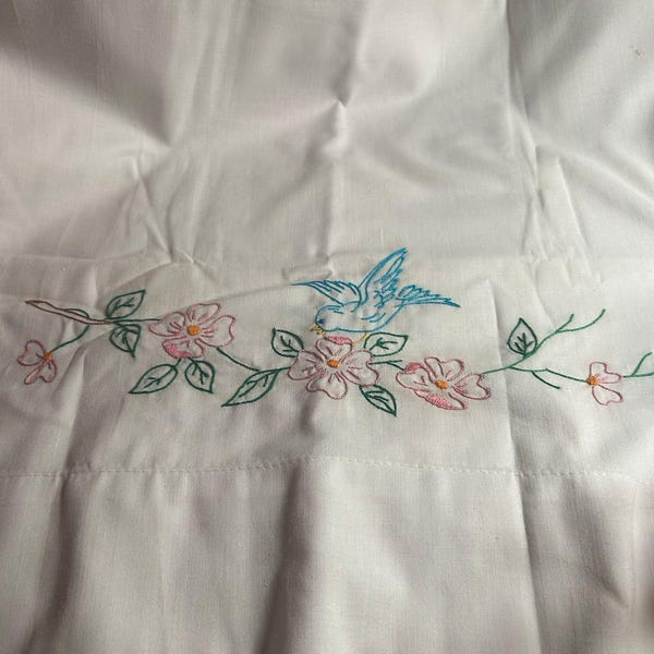 Vintage Hand Embroidered Blue Bird White Pillowcase Pair