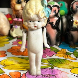 Vintage Sweet Bisque Penny Doll With Blue Bow Jointed