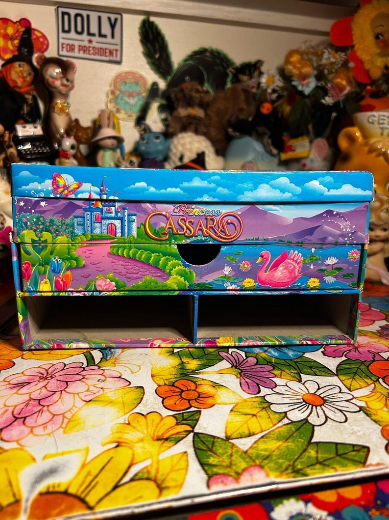 Puede incluir: Una colorida caja de almacenamiento Princess Cassara con un caj&oacute;n y dos compartimentos. La caja presenta un paisaje caprichoso con un castillo, un cisne y el texto "Princess Cassara". La caja est&aacute; colocada sobre una superficie con estampado floral.