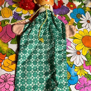 Vintage Wood Headed Puppet with Long Red Braids Yellow Felt Hat