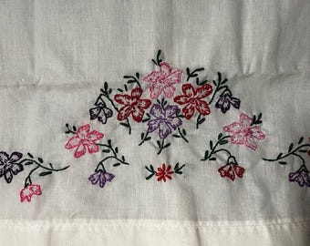 Vintage Cross Stitched Purple and Pink Hand Stitched White Pillow Case