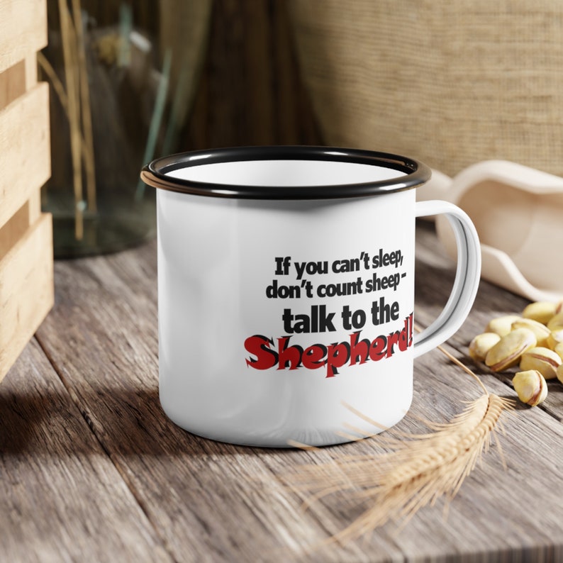 Enjoy your favourite brew and a side of humour Our Enamel Camp Cup features, Christian joke, anti-alkali & acid-proof, with a glossy finish. image 1
