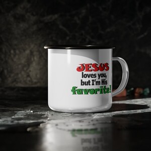Enjoy your coffee with a side of humour in our Enamel Camp Cup feat. a Christian joke. anti-alkali, acid-proof, glossy finish, durability. image 4