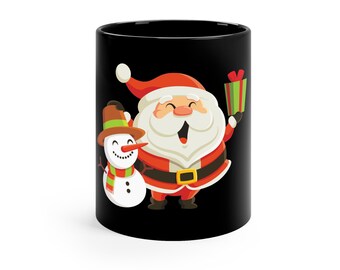 Unieke Happy Santa kerstkoffiemok - 100% keramiek met een glanzende afwerking, magnetron- en vaatwasmachinebestendig - zwarte mok van 11 oz