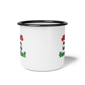 Enjoy your coffee with a side of humour in our Enamel Camp Cup feat. a Christian joke. anti-alkali, acid-proof, glossy finish, durability. image 2