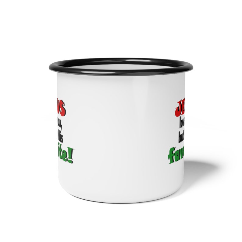 Enjoy your coffee with a side of humour in our Enamel Camp Cup feat. a Christian joke. anti-alkali, acid-proof, glossy finish, durability. image 2